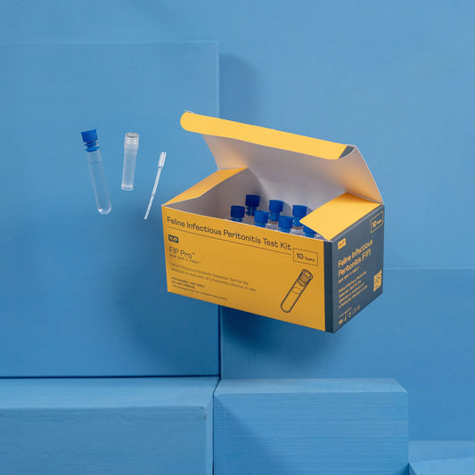 FIP Pro™ Feline Peritonitis,"Open test kit box with blue-capped vials, tube and dropper"