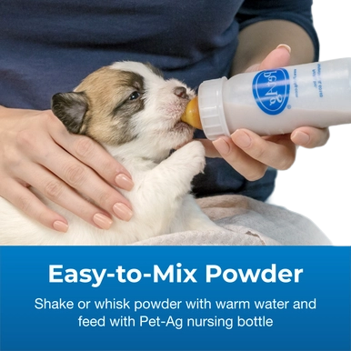 PetAg Goat's Milk Esbilac Puppy Milk Replacer Powder for Puppies,"Puppy being bottle-fed with a nursing bottle"