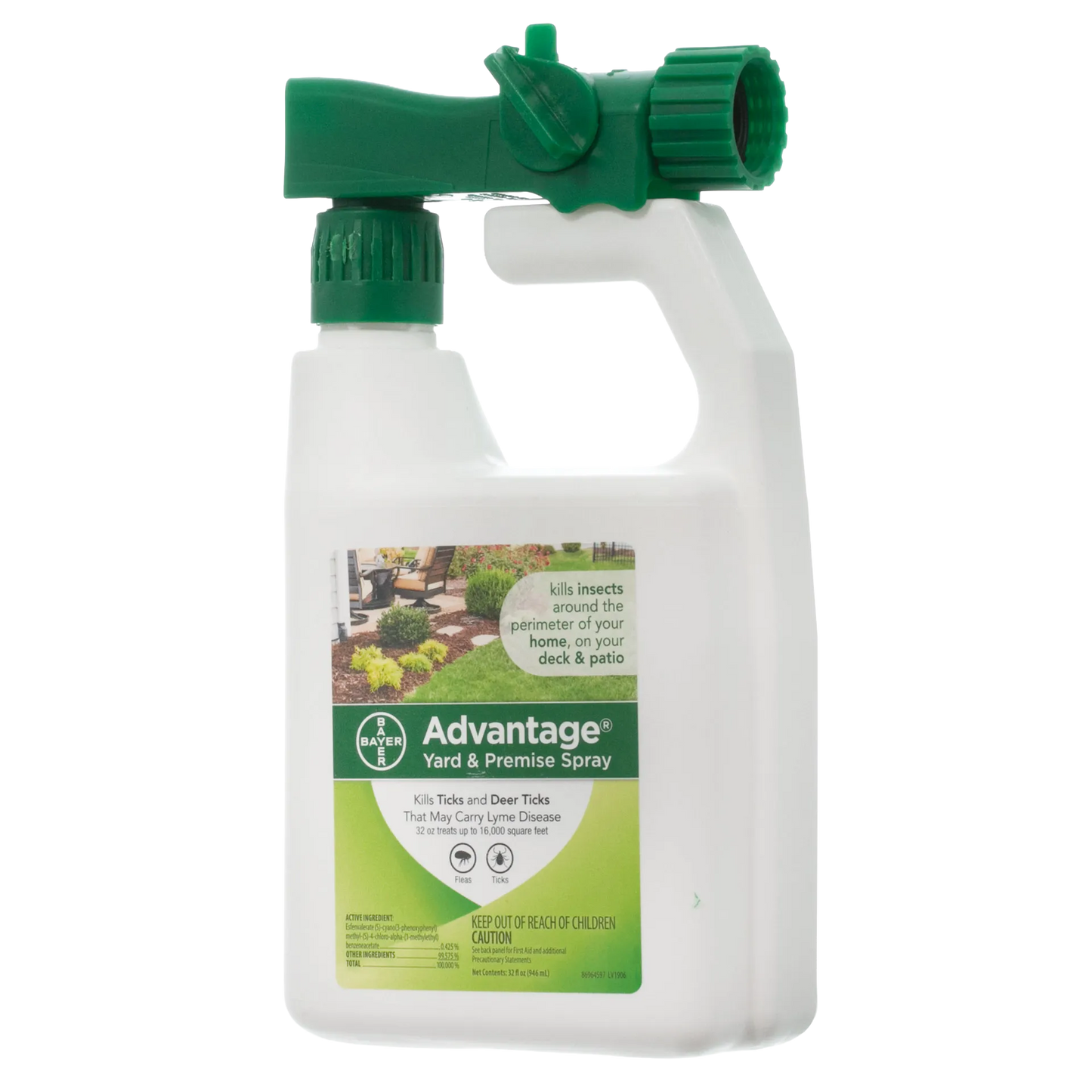 Advantage™ Yard & Premise Spray,"White spray bottle with green hose-end sprayer attachment"