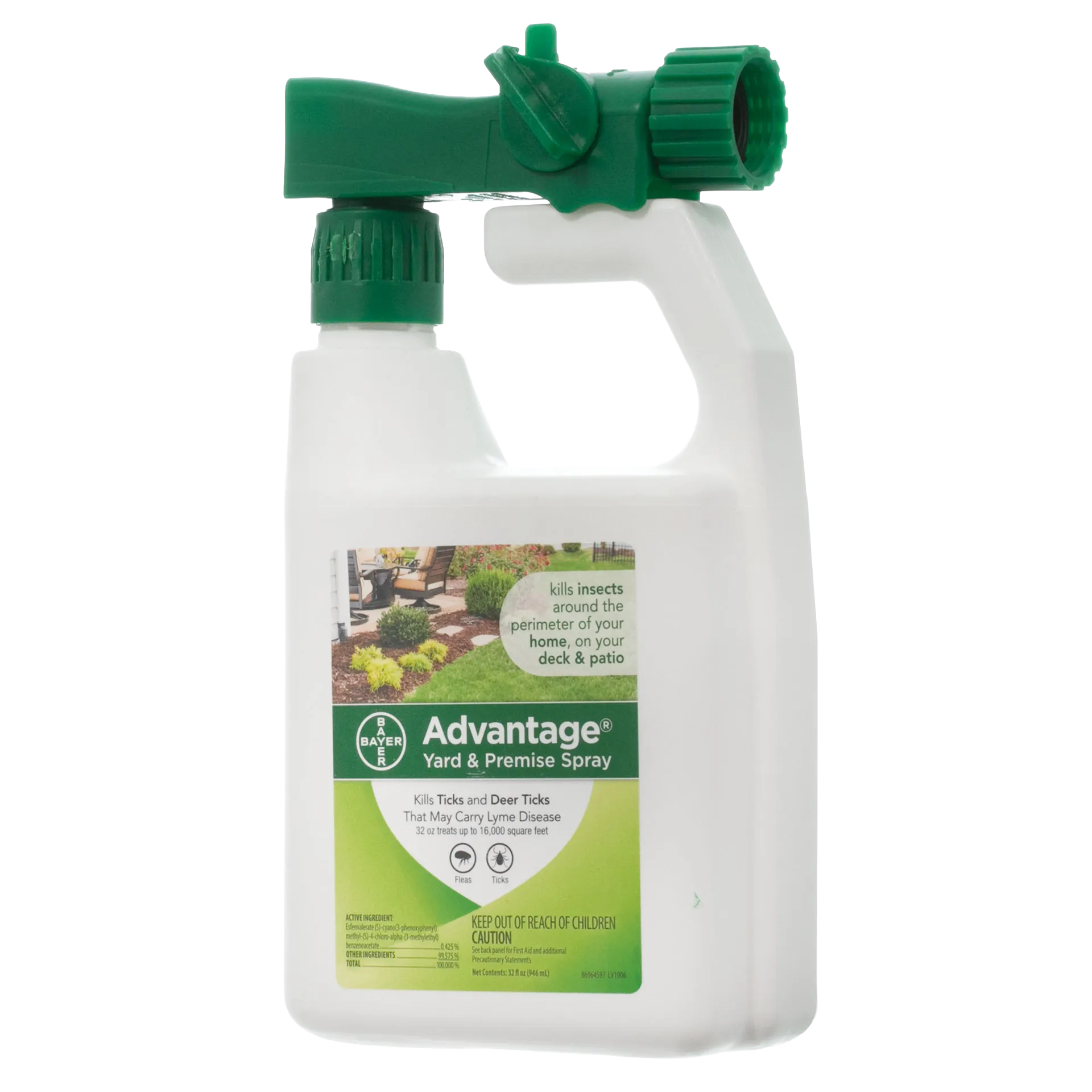 Advantage™ Yard & Premise Spray,"White spray bottle with green hose-end sprayer attachment"