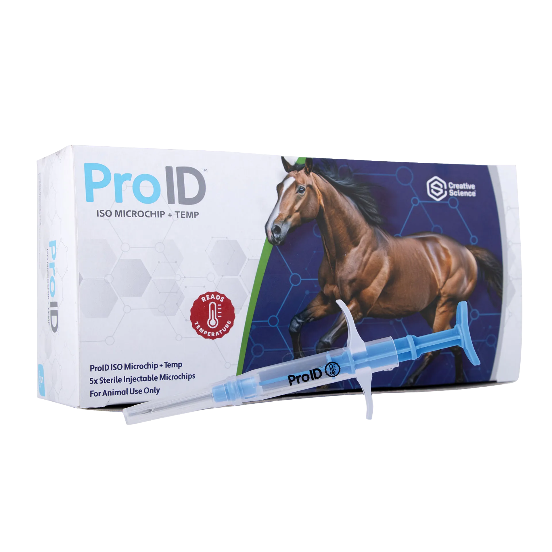 ProID® ISO Microchip + Temp 5ct. Lifetime Registration,"Product box with horse graphic and blue microchip syringe"