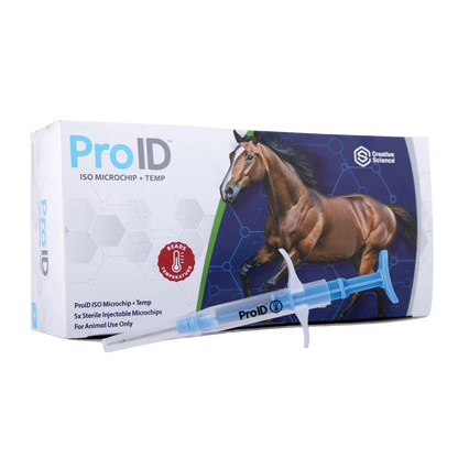 ProID® ISO Microchip + Temp 5ct. Lifetime Registration,"Product box with horse graphic and blue microchip syringe"