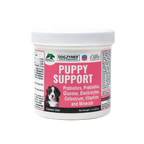 Puppy Support for Fading Puppies,"White plastic supplement jar with pink label and screw-top lid"