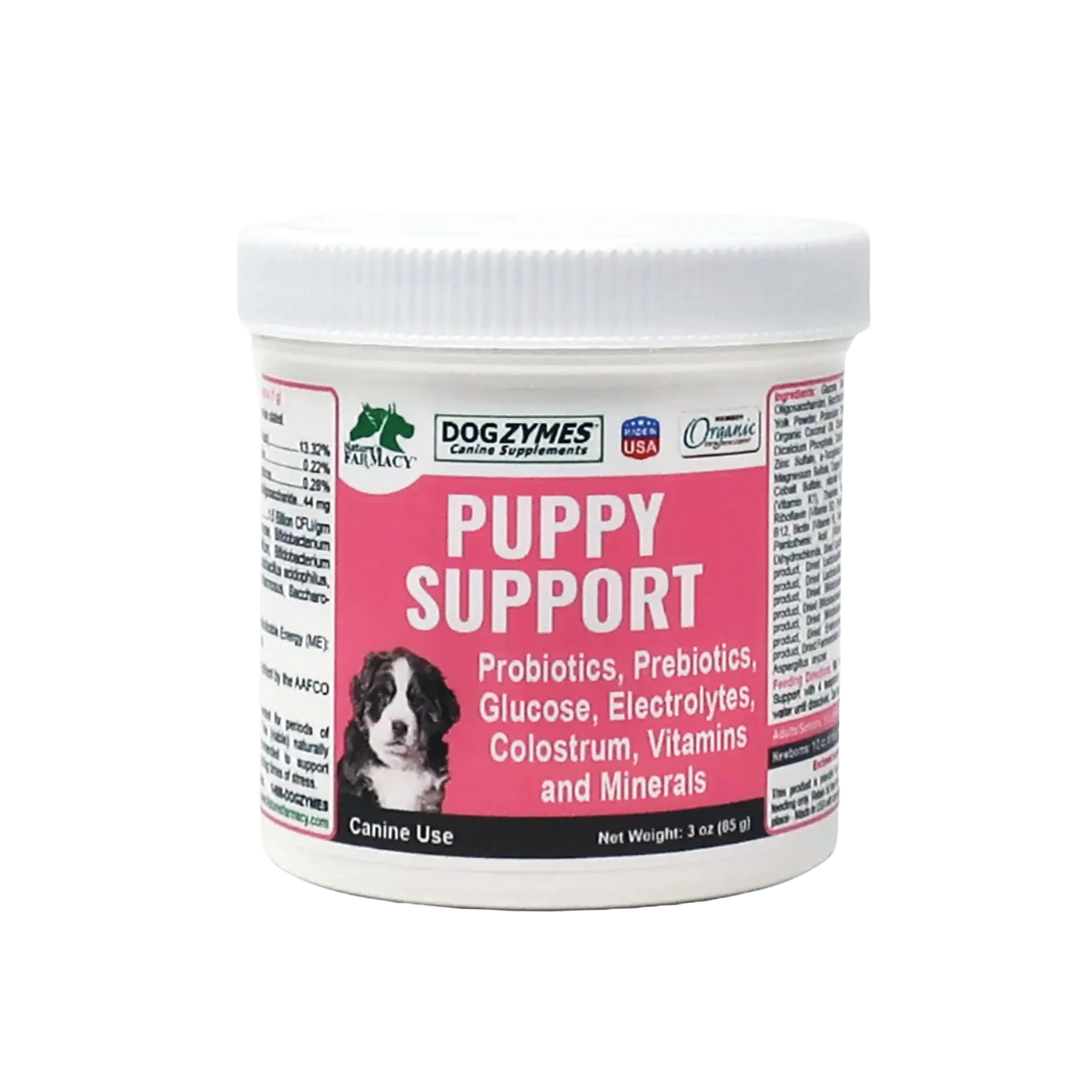 Puppy Support for Fading Puppies,"White plastic supplement jar with pink label and screw-top lid"