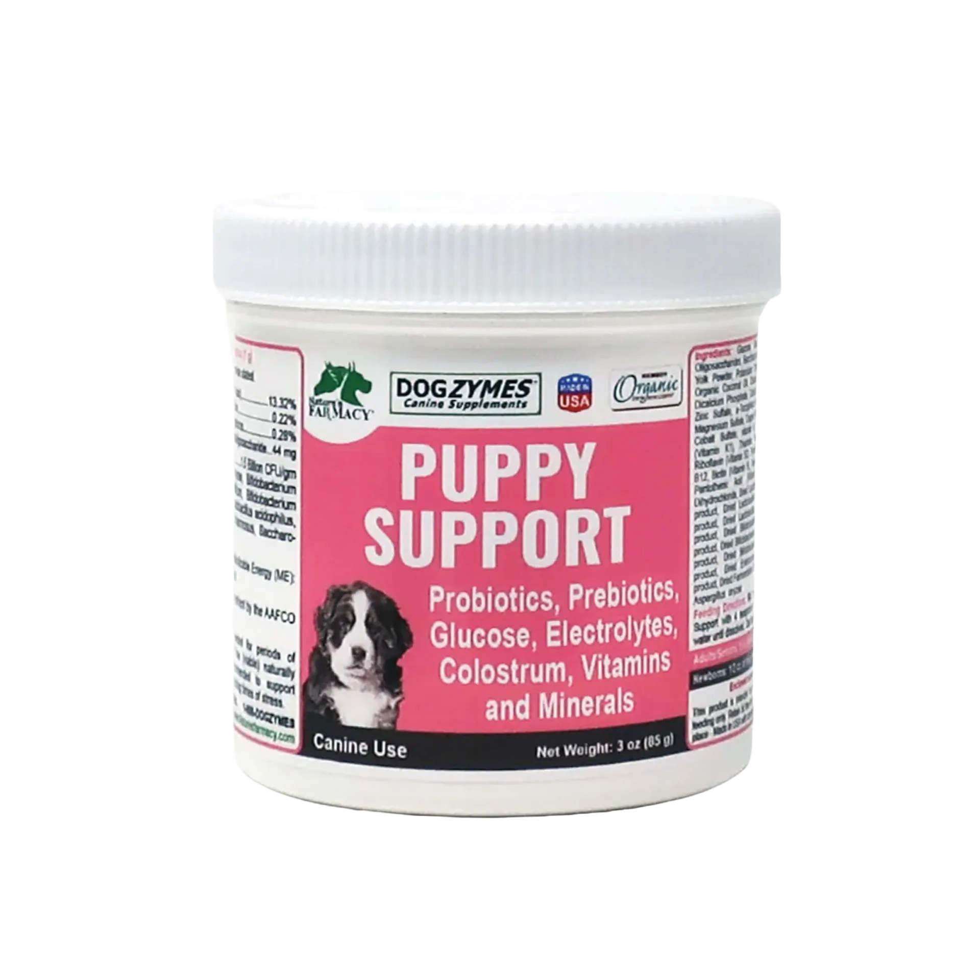Puppy Support for Fading Puppies,"White plastic supplement jar with pink label and screw-top lid"