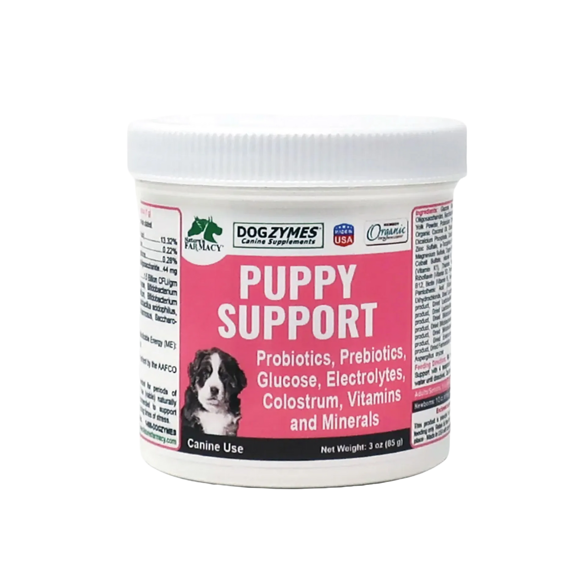 Puppy Support for Fading Puppies,"White plastic supplement jar with pink label and screw-top lid"