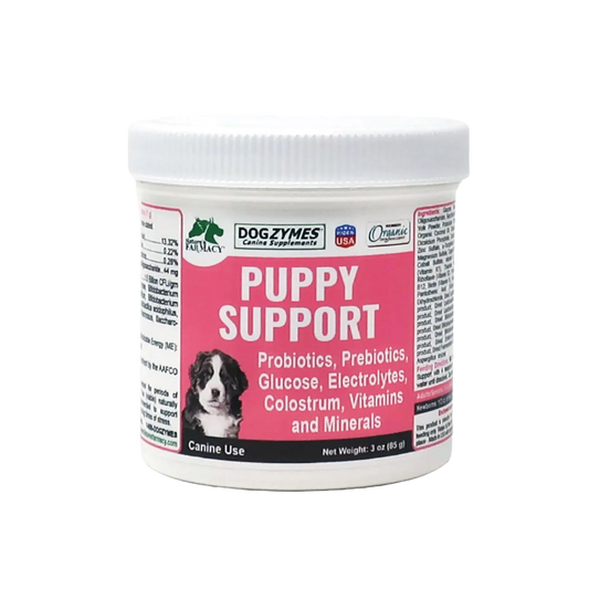 Puppy Support for Fading Puppies,"White plastic supplement jar with pink label and screw-top lid"