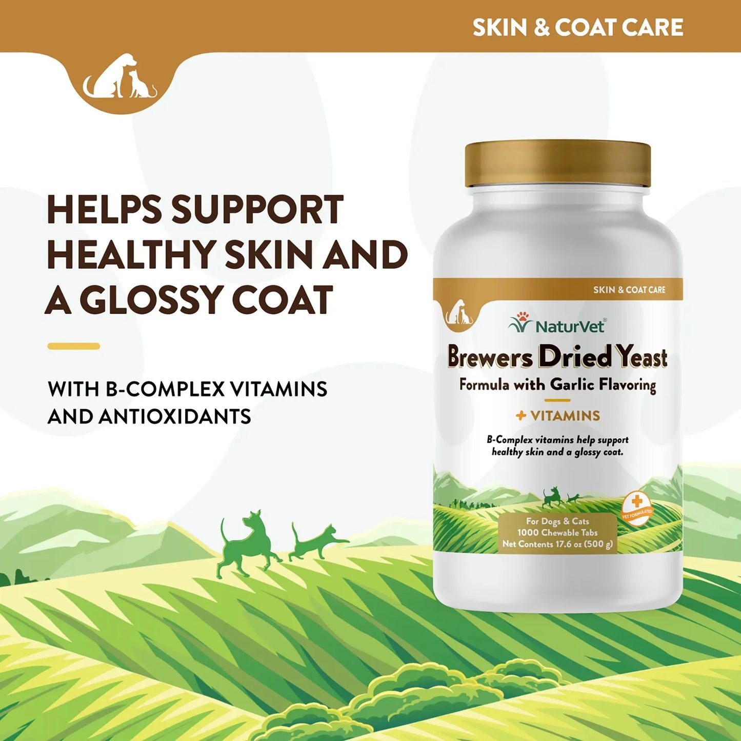 Brewers Dried Yeast Formula with Garlic Flavoring,"White supplement bottle with gold cap and green landscape label"