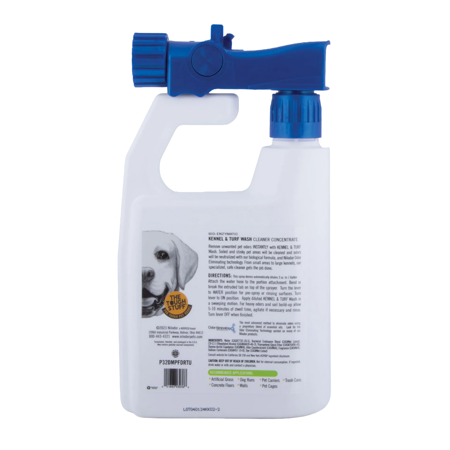 Bio-Enzymatic Kennel And Turf Wash Cleaner Concentrate With Odor Neutralizer,"White bottle with blue hose-end sprayer and front label"