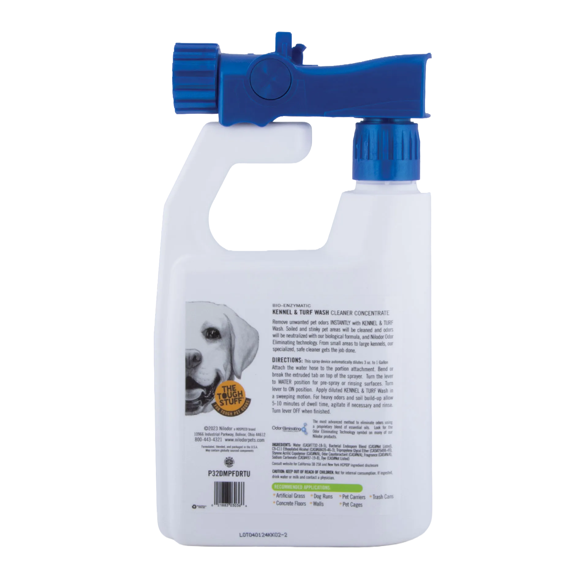Bio-Enzymatic Kennel And Turf Wash Cleaner Concentrate With Odor Neutralizer,"White bottle with blue hose-end sprayer and front label"