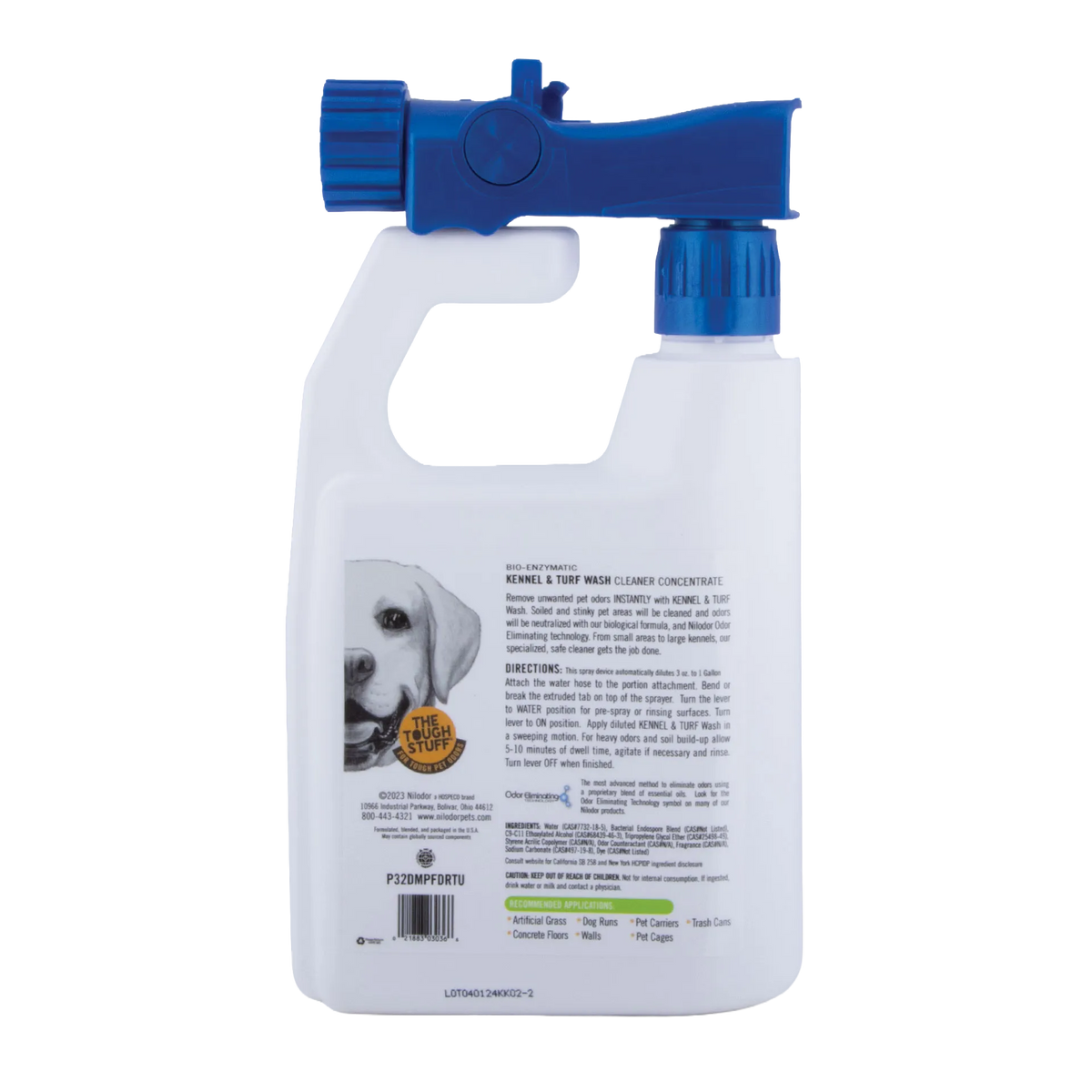 Bio-Enzymatic Kennel And Turf Wash Cleaner Concentrate With Odor Neutralizer,"White bottle with blue hose-end sprayer and front label"