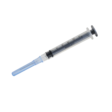 3cc MonoJect™ Syringes with 22 gauge Needles,"Clear syringe with blue needle cap"