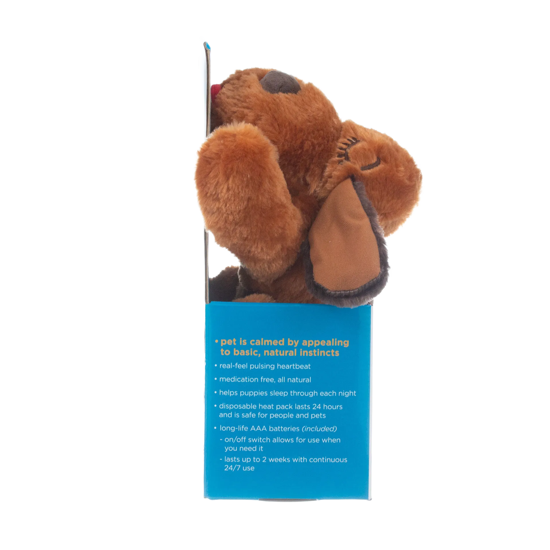 Snuggle Puppy & Kitten,"Brown plush dog in blue retail box, side view"