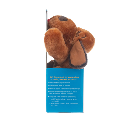 Snuggle Puppy & Kitten,"Brown plush dog in blue retail box, side view"
