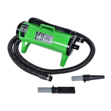 K-9 II Dog Dryer With FREE Water Peeler,"Green dog dryer with coiled hose and two black nozzles"