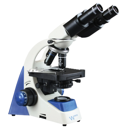 50 Series Binocular Microscope,"Angled view of binocular microscope with blue base and black stage"