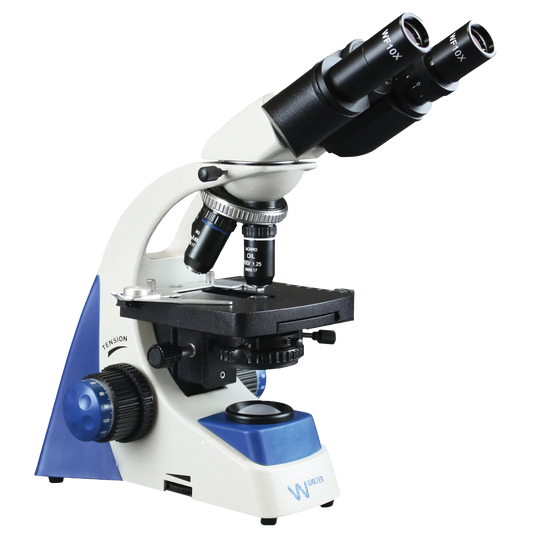 50 Series Binocular Microscope,"Angled view of binocular microscope with blue base and black stage"