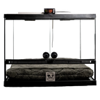 Puppywarmer® Puppy Incubator,"Glass-front incubator with digital control panel and gray cushion"