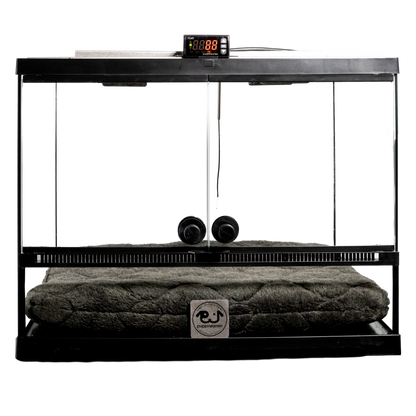 Puppywarmer® Puppy Incubator,"Glass-front incubator with digital control panel and gray cushion"