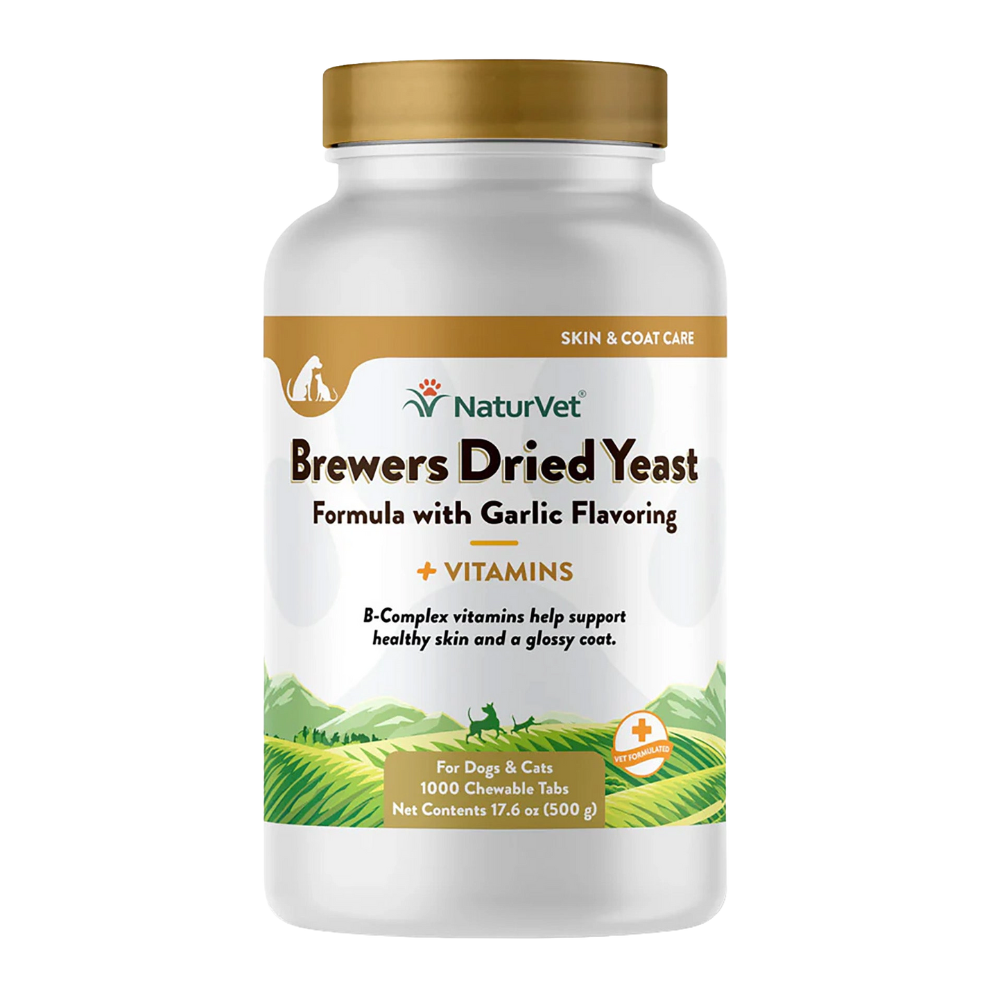 Brewers Dried Yeast Formula with Garlic Flavoring,"White supplement bottle with gold cap and front label"