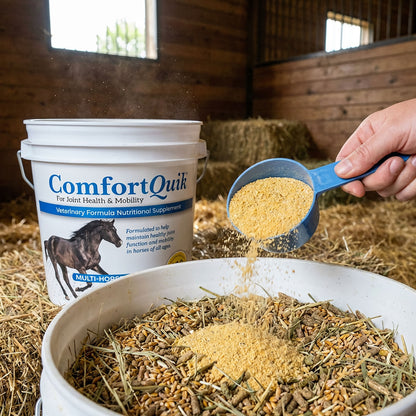 Comfort Quik™ Original,"Bucket beside horse feed with blue scoop pouring powder"