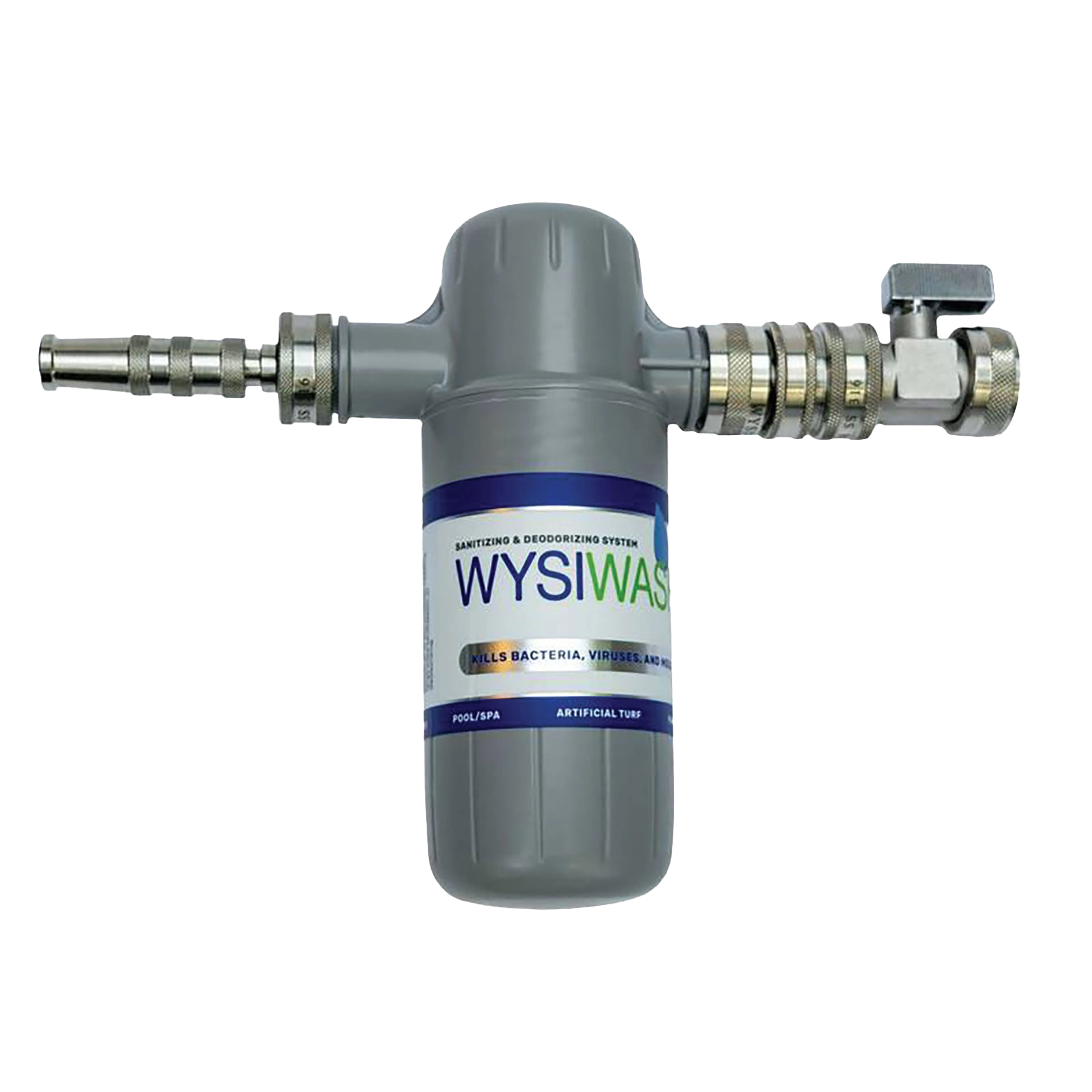 Wysiwash® Sanitizing System,"Gray inline canister with metal hose fittings and valve"