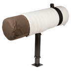 White padded cylindrical cover on metal stand,"White padded cylinder on metal stand"