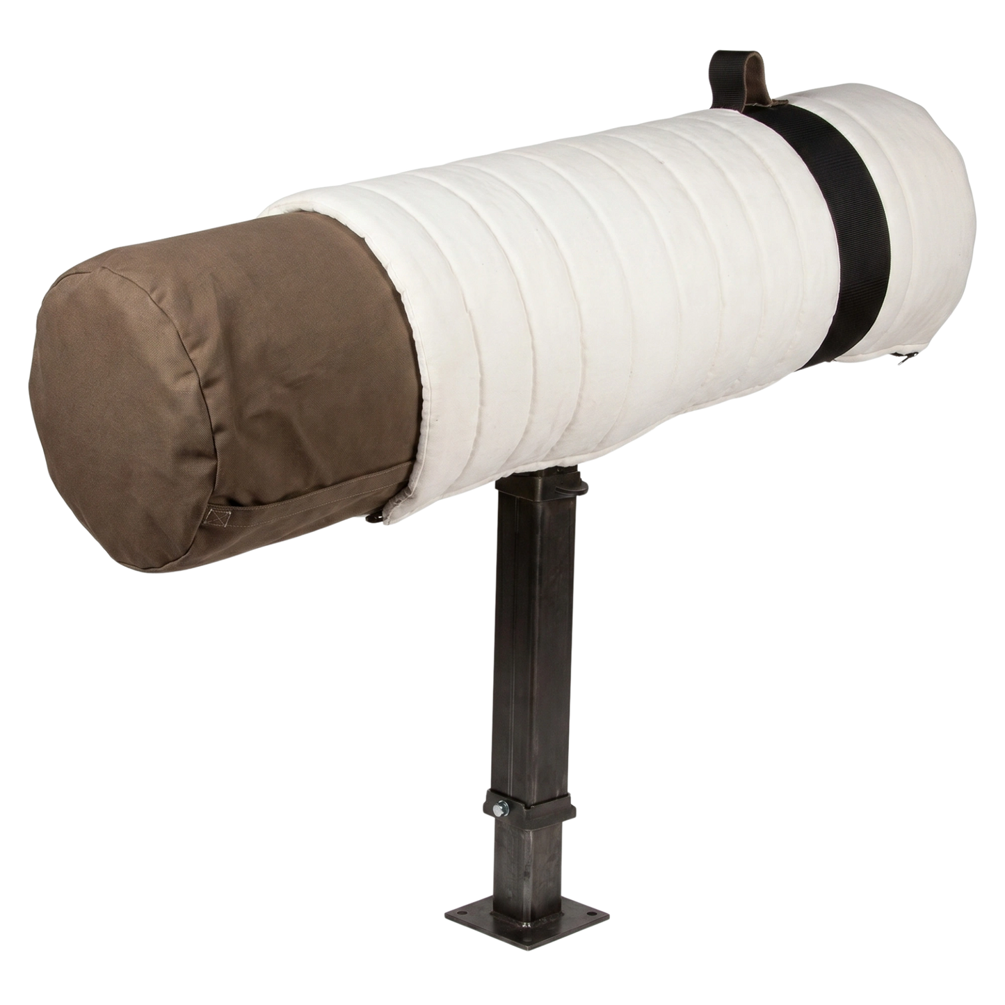 White padded cylindrical cover on metal stand,"White padded cylinder on metal stand"