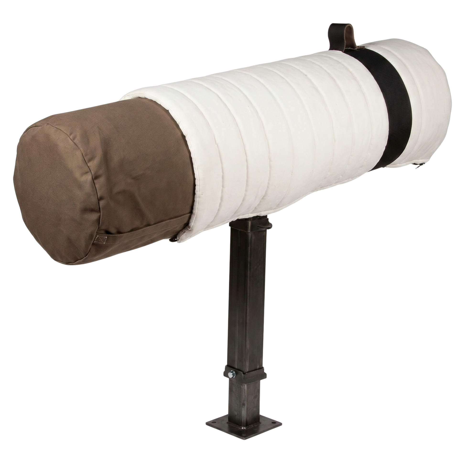 White padded cylindrical cover on metal stand,"White padded cylinder on metal stand"