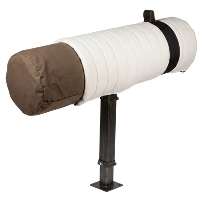 White padded cylindrical cover on metal stand,"White padded cylinder on metal stand"