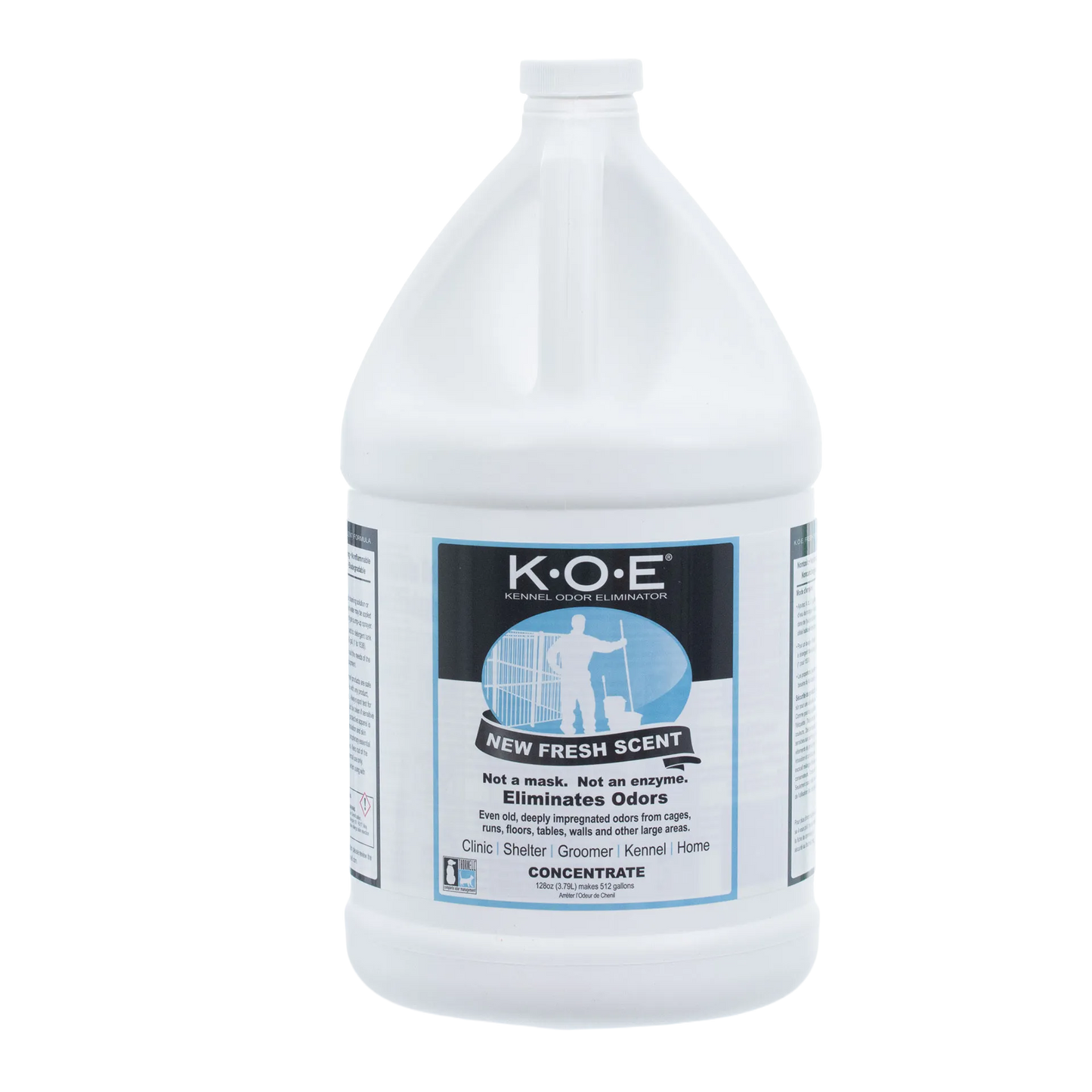 KOE® Kennel Odor Eliminator,"Large white gallon bottle with screw cap and front label"
