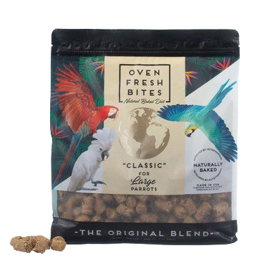 Caitec Oven Fresh Bites Bird Food,"Resealable bird food pouch with parrot images and kibble pieces"