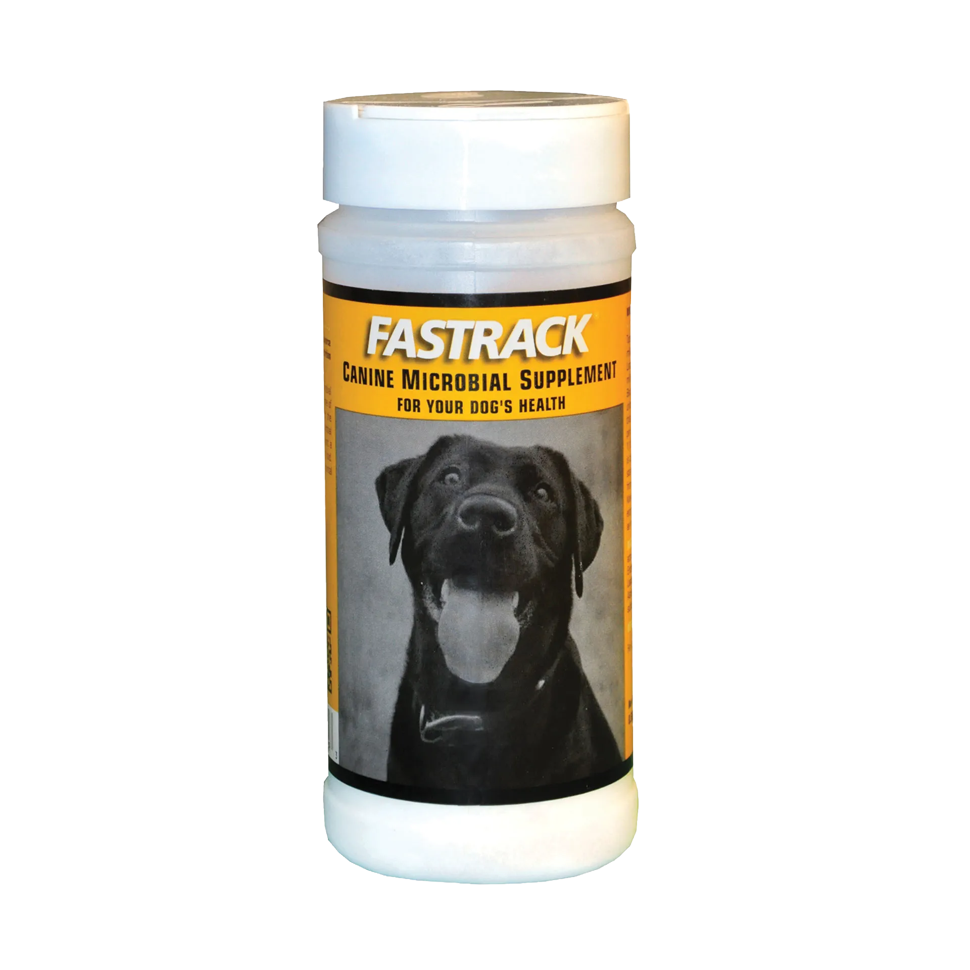 Fastrack® Canine Microbial Supplement,"White bottle with yellow label and dog photo"
