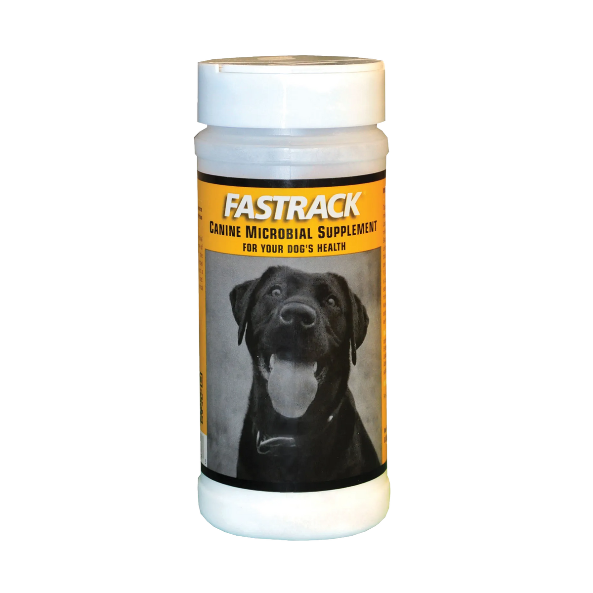 Fastrack® Canine Microbial Supplement,"White bottle with yellow label and dog photo"
