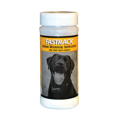 Fastrack® Canine Microbial Supplement,"White bottle with yellow label and dog photo"