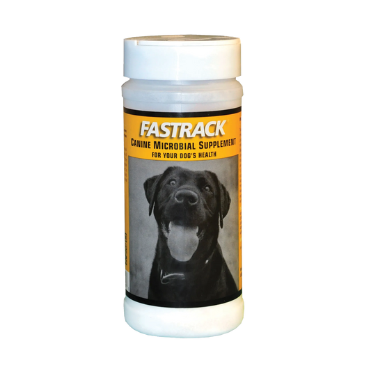 Fastrack® Canine Microbial Supplement,"White bottle with yellow label and dog photo"