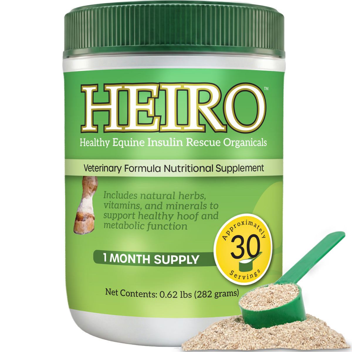 Heiro™,"Green supplement tub with dark green lid and scoop of powder"