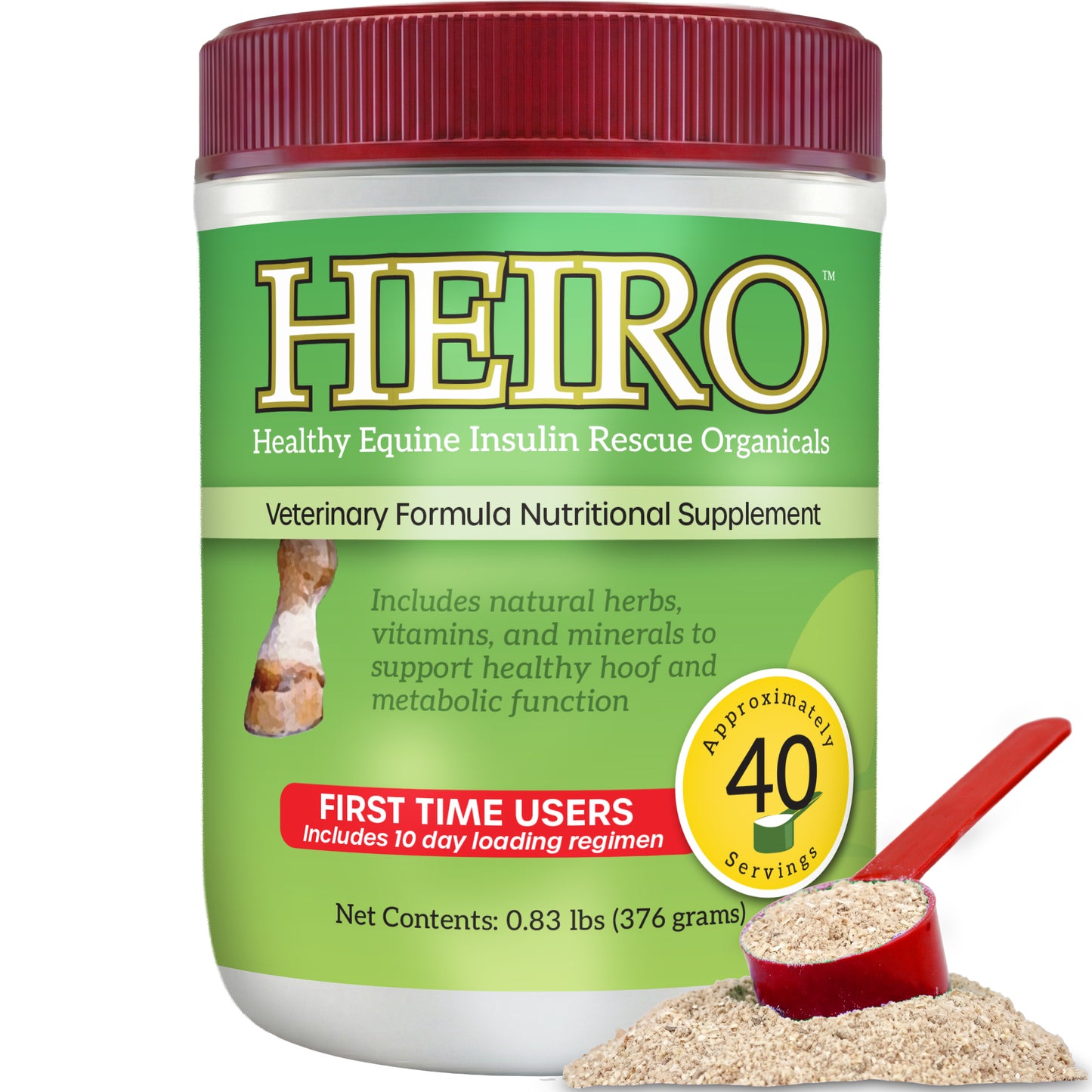 Heiro™,"Supplement jar with red lid and scoop of green powder"