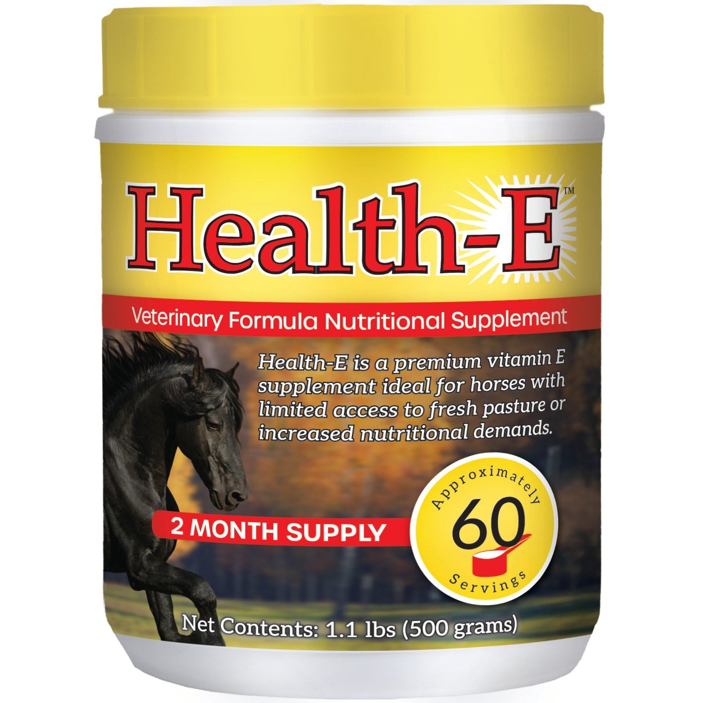 Health E™,"Yellow supplement tub with yellow lid and horse image"