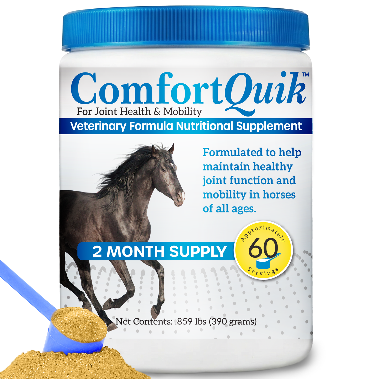 Comfort Quik™ Original,"White supplement jar with blue lid and scoop of powder"
