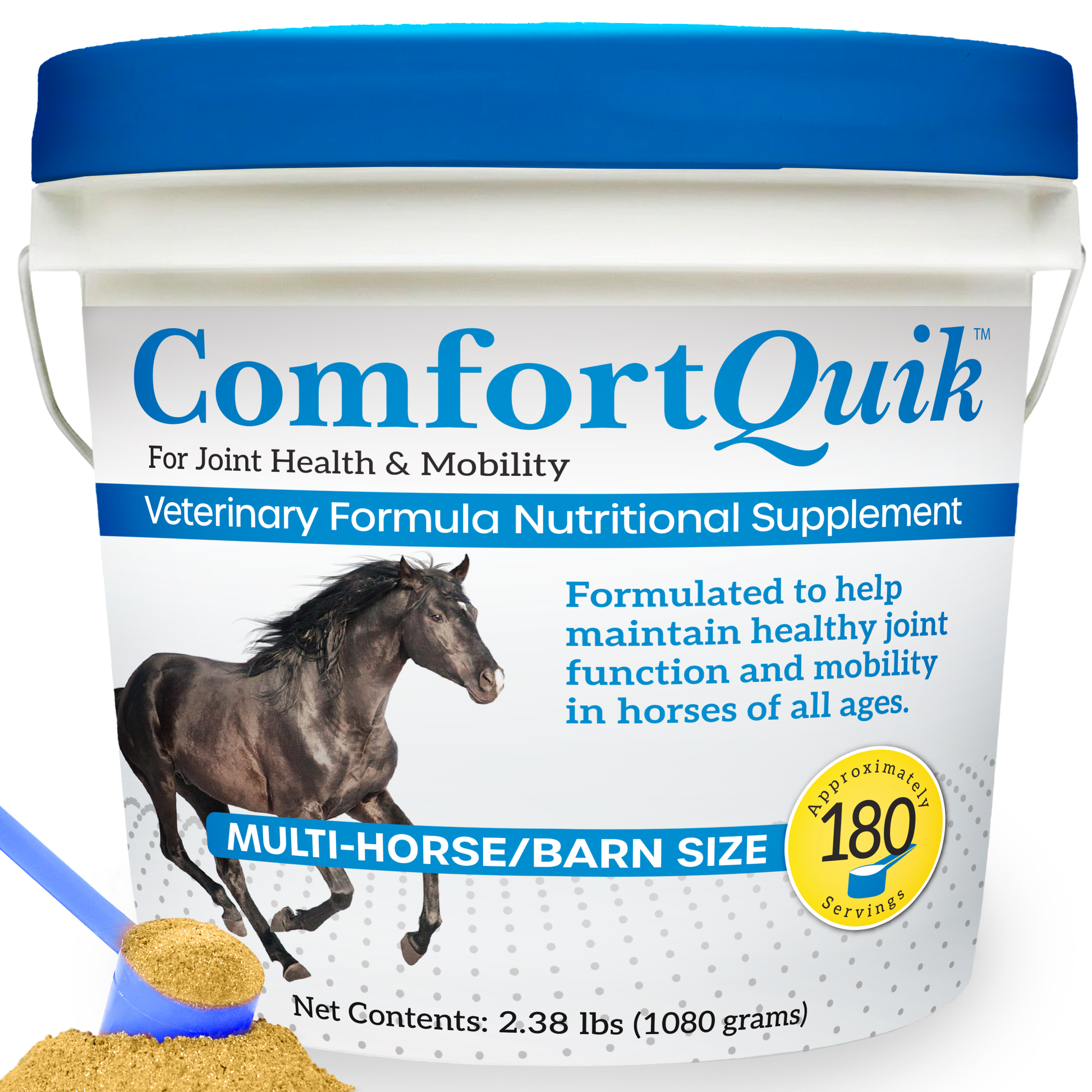 Comfort Quik™ Original,"White supplement bucket with blue lid and scoop of powder"