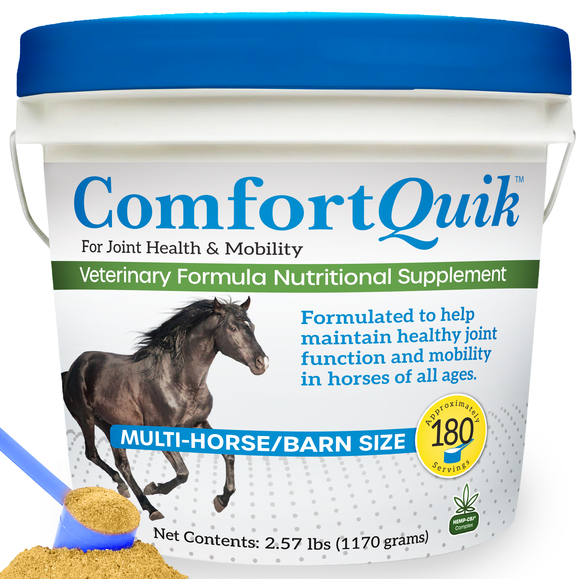 Comfort Quik™,"White supplement bucket with blue lid and scoop of powder"