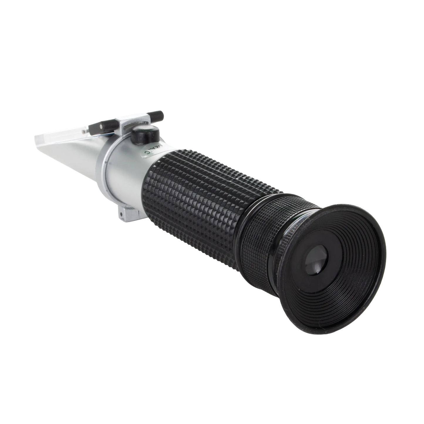 Refractometer,"Handheld refractometer with black eyepiece and flip-top prism cover"