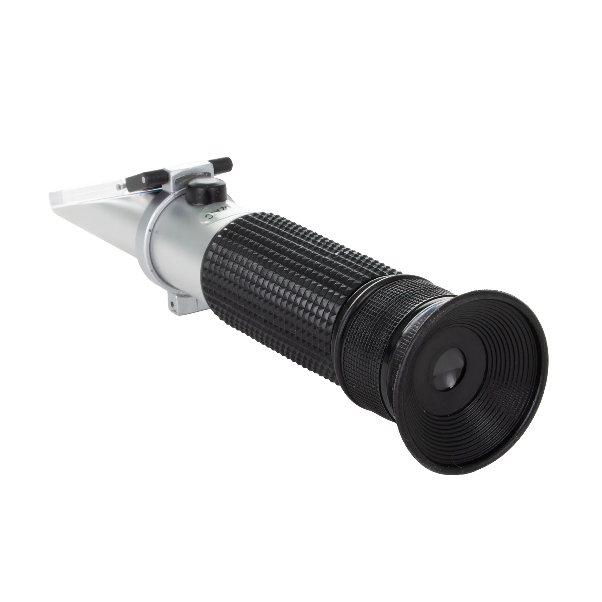 Refractometer,"Handheld refractometer with black eyepiece and flip-top prism cover"