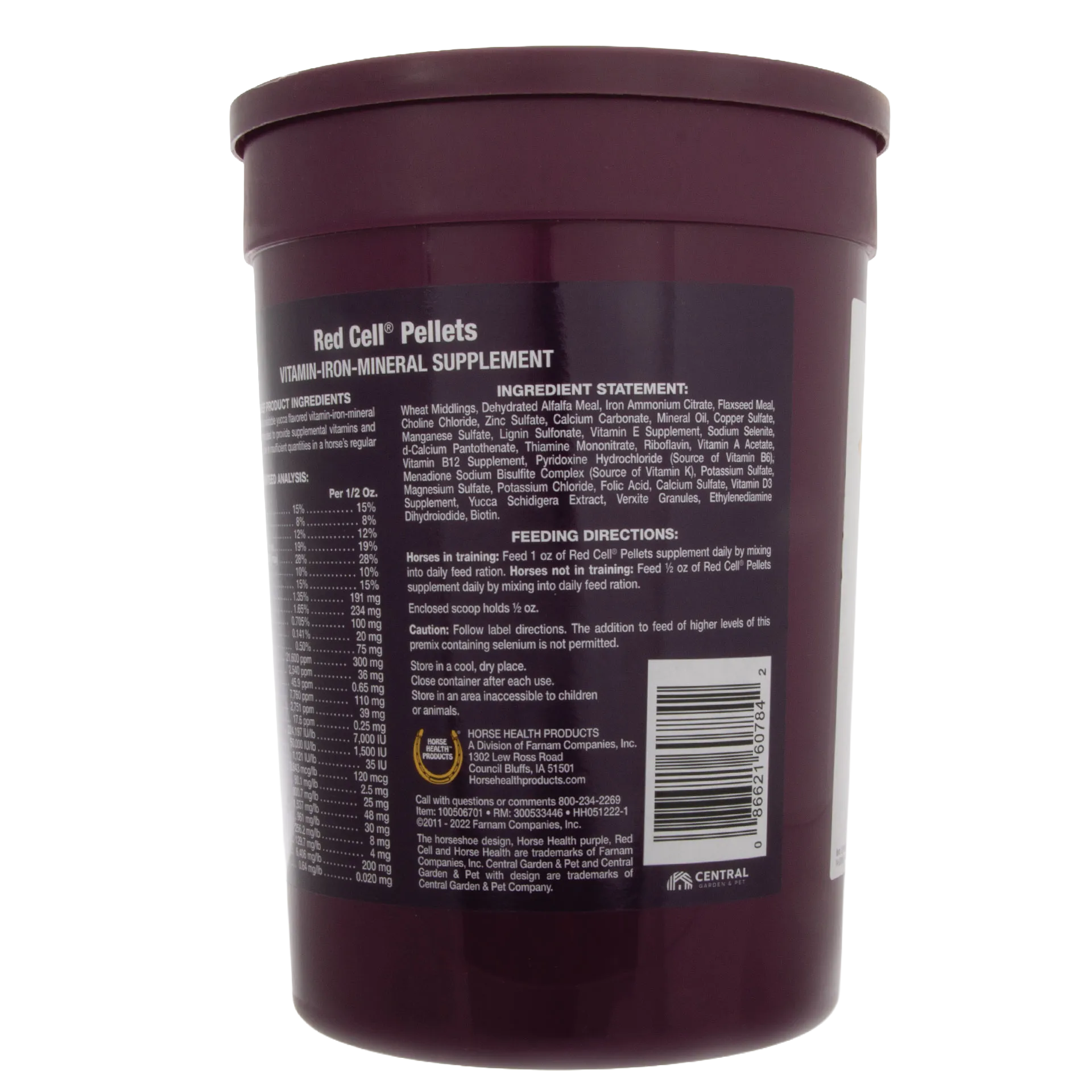 Red Cell®,"Maroon supplement tub with lid, back label and barcode"