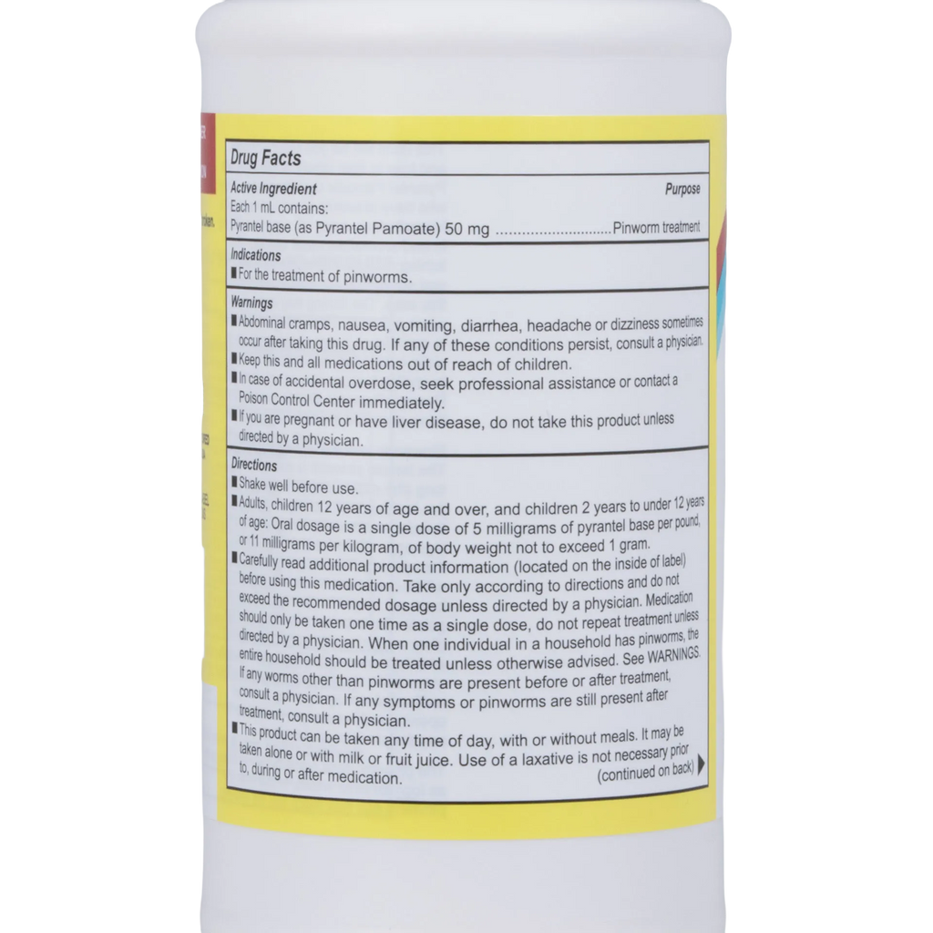 Pyrantel Pamoate Suspension, 50mg,"Back view of bottle with drug facts label"