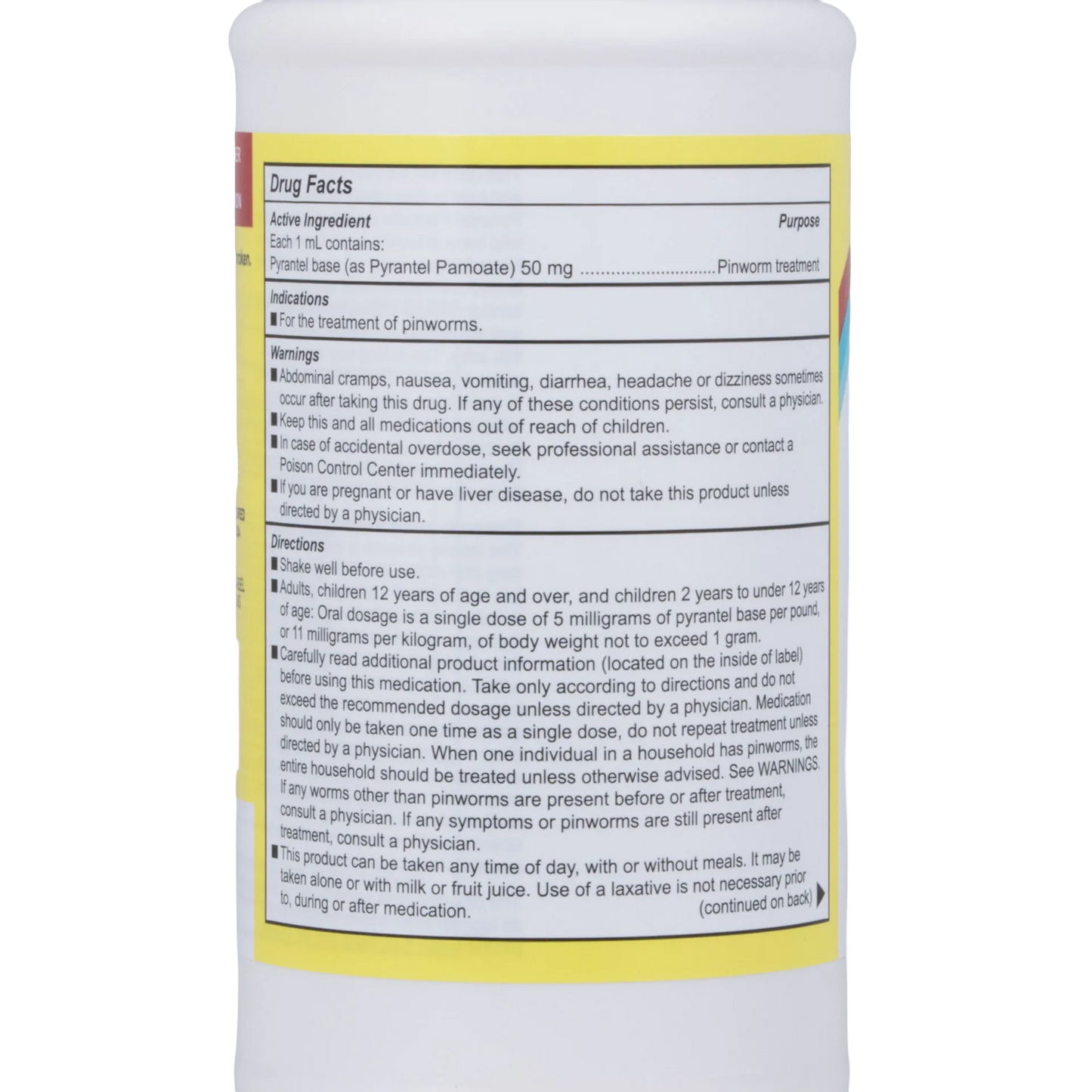 Pyrantel Pamoate Suspension, 50mg,"Back view of bottle with drug facts label"