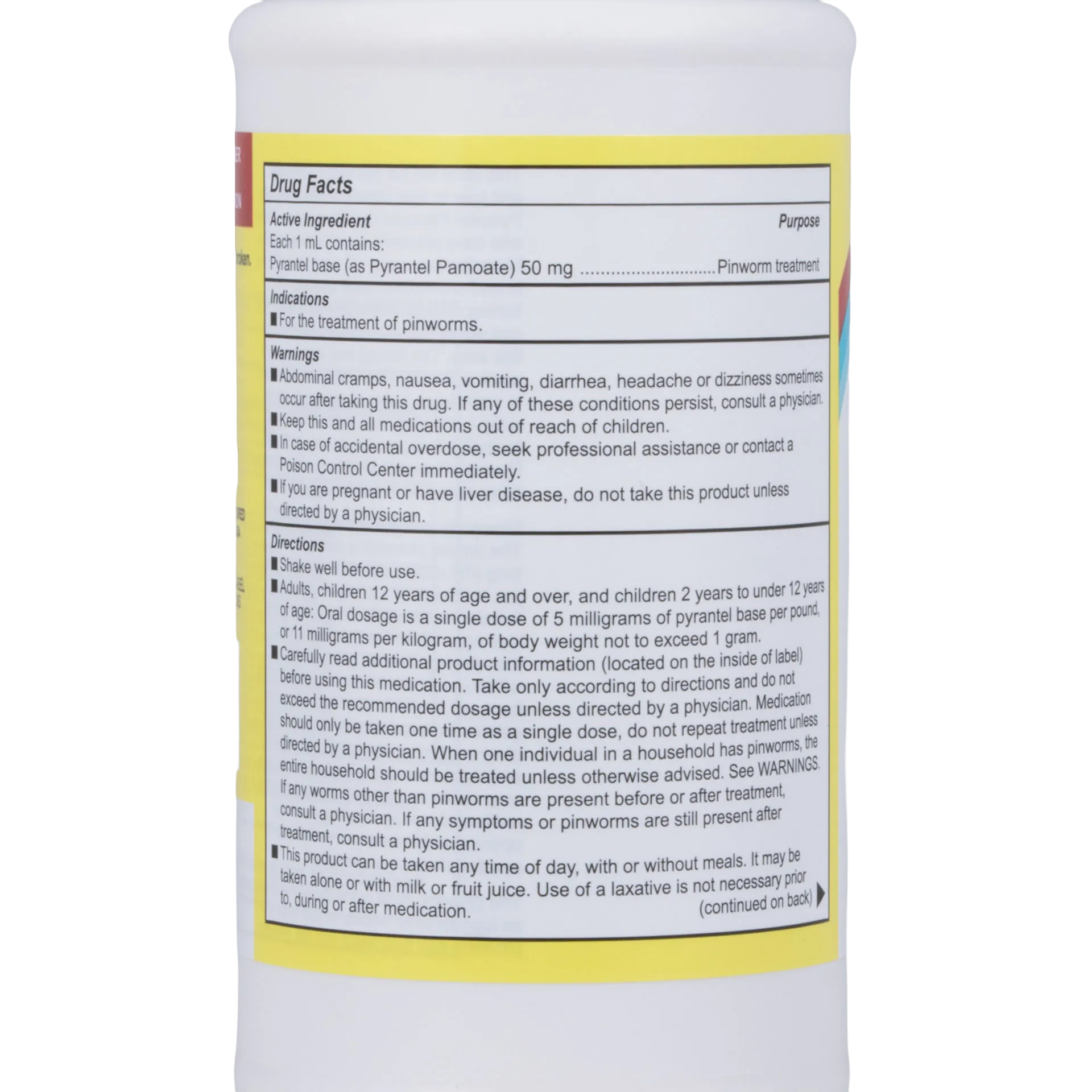 Pyrantel Pamoate Suspension, 50mg,"Back view of bottle with drug facts label"