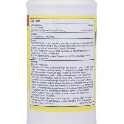 Pyrantel Pamoate Suspension, 50mg,"Back view of bottle with drug facts label"