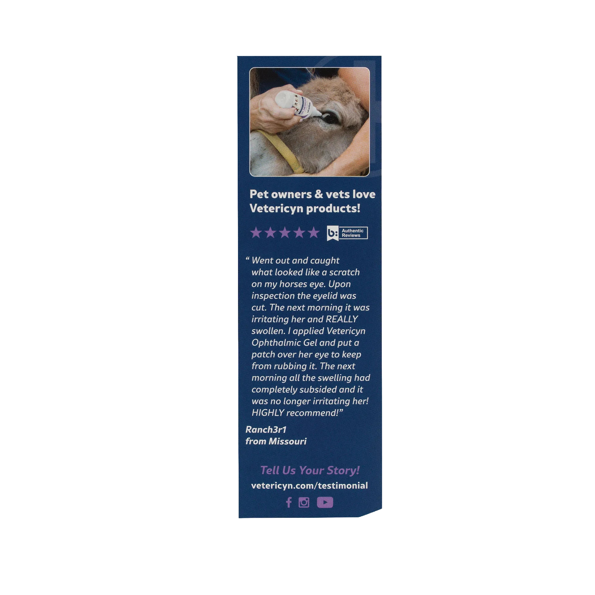 Vetericyn® Plus Animal Ophthalmic Gel,"Product box side panel with horse eye application photo"